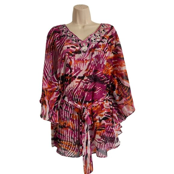 Bob Mackie Size Small Butterfly Sleeve Tie Waist V Neck Wearable Art Pink Flowy - Picture 1 of 8
